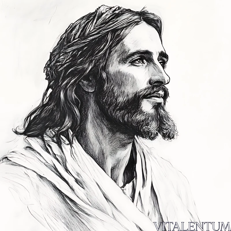 AI ART Reflective Black and White Sketch of Bearded Man