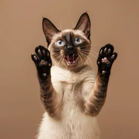 Siamese Cat with Blue Eyes and Raised Paws