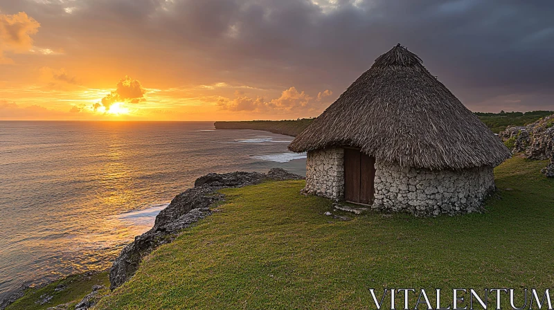 Cliffside Hut at Sunset with Ocean View AI Image