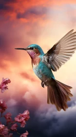 Colorful Hummingbird and Blossoms in Twilight