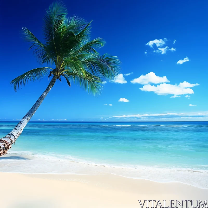 Tropical Paradise Beach with Palm Tree AI Image