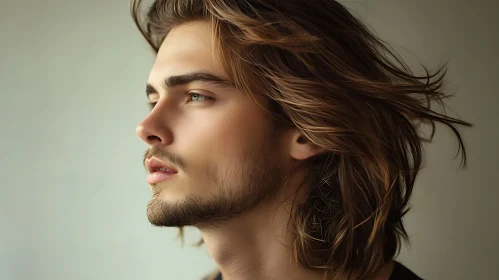 Peaceful Gaze of a Young Man in Close-Up Profile