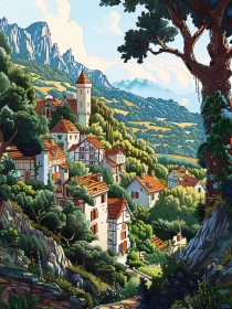 Village and Mountains in Serene Landscape