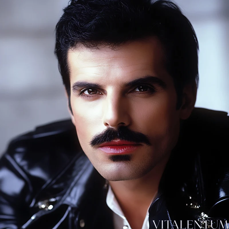 Intense Gaze of a Man with Leather Jacket and Mustache
