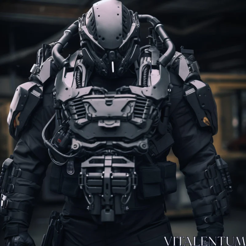 Futuristic Cyborg Suit in Industrial Setting
