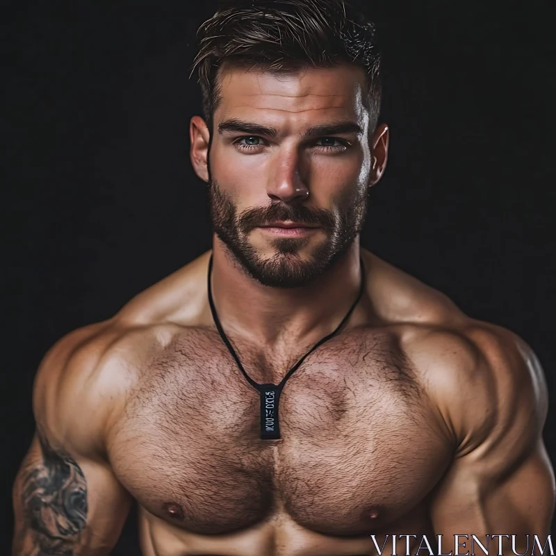 Sculpted Man with Pendant Necklace Against Dark Background