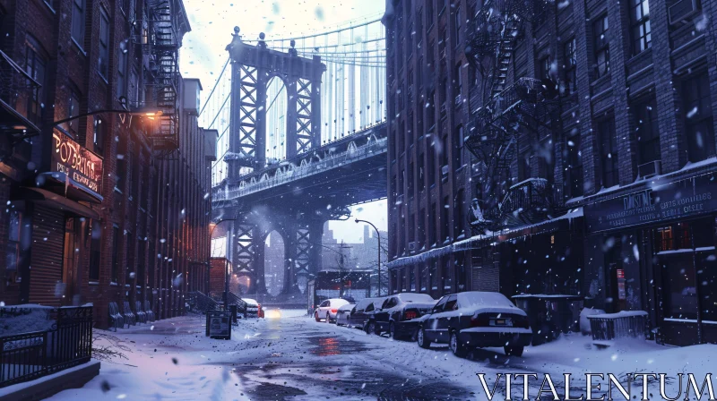 Winter Cityscape with Bridge and Snow
