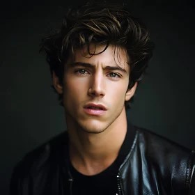 Intense Gaze of a Young Man in Leather Jacket