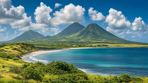 Lush Island Landscape with Mountains and Ocean