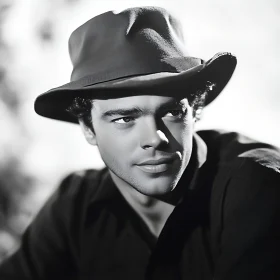 Monochrome Image of a Man with a Hat