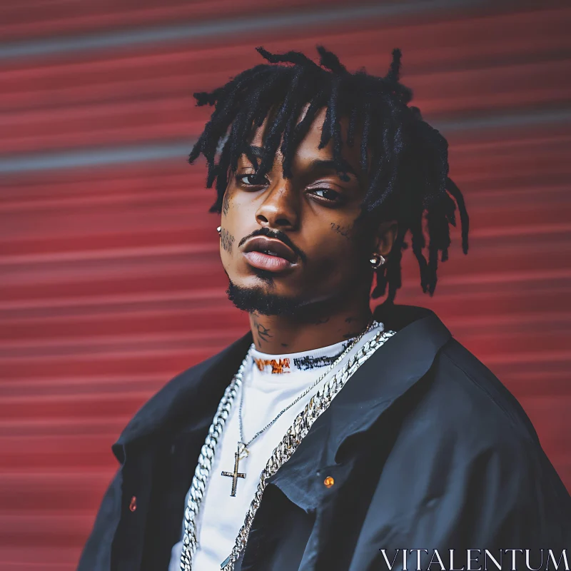 Confident Man with Chains and Dreadlocks Against Red Background AI Image