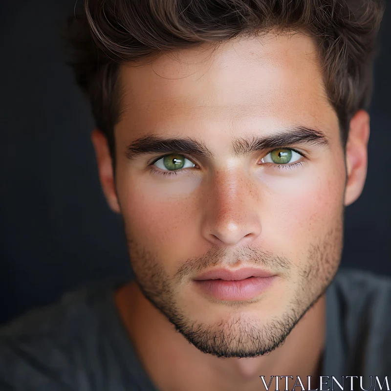 Close-up Portrait of a Man with Green Eyes and Stubble AI Image