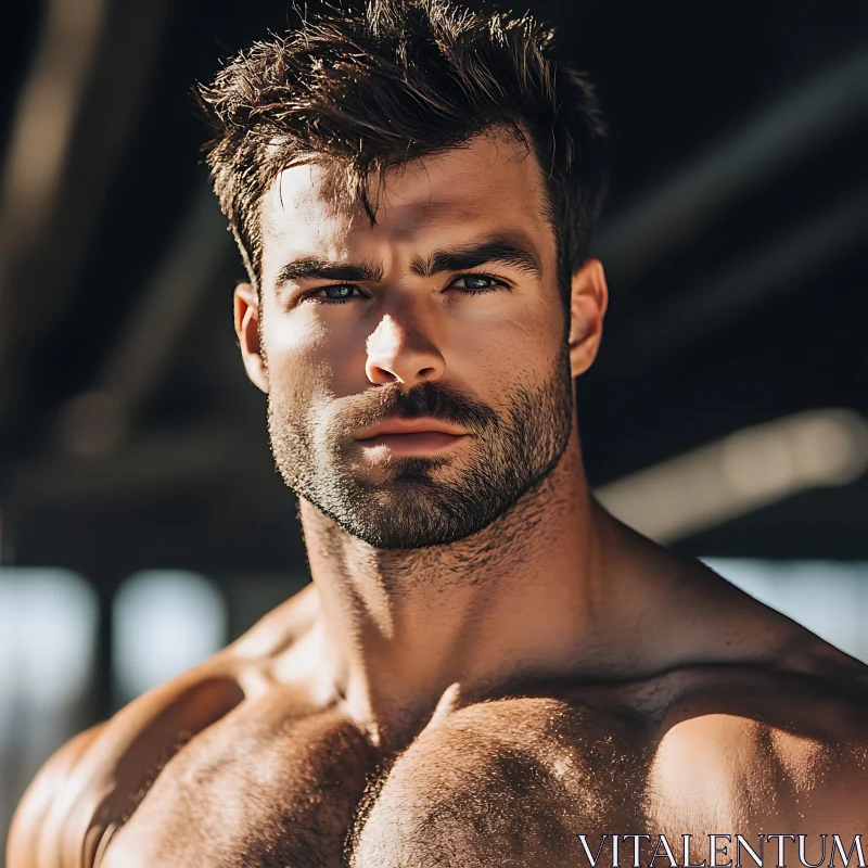 Intense Outdoor Portrait of a Muscular Bearded Man AI Image