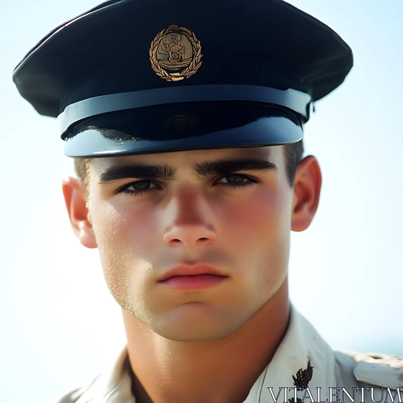 Young Man in Military Hat Close-Up AI Image