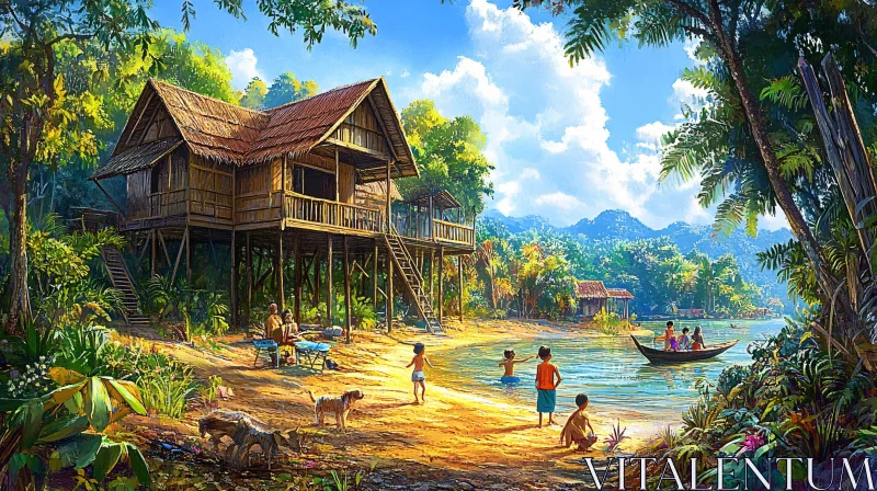 Tranquil Beach Scene with Stilt Cabin and Children AI Image