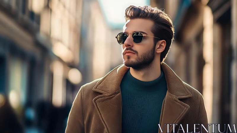 Fashionable Man in Sunglasses and Brown Coat AI Image