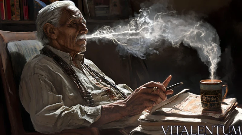 Contemplative Elderly Man with Smoke and Cup AI Image