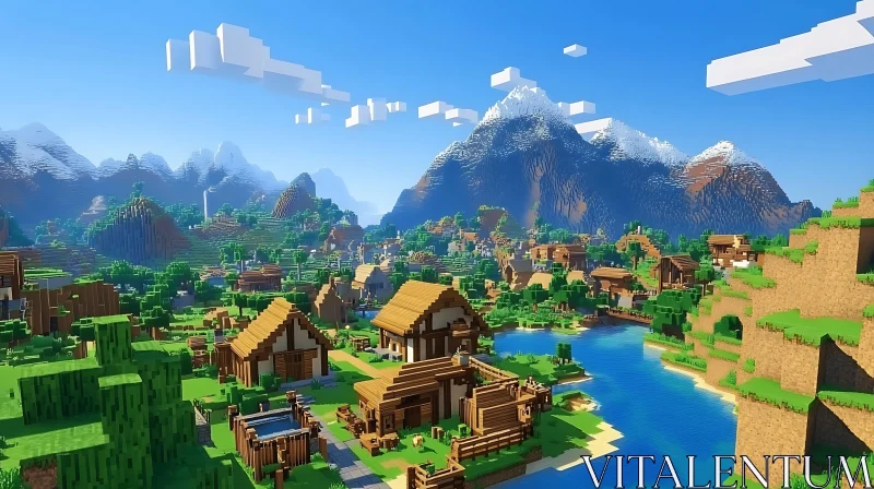 Pixelated Village in Serene Mountainous Landscape AI Image