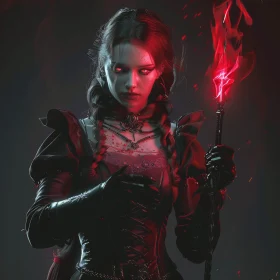 Gothic Witch Holding a Blazing Staff