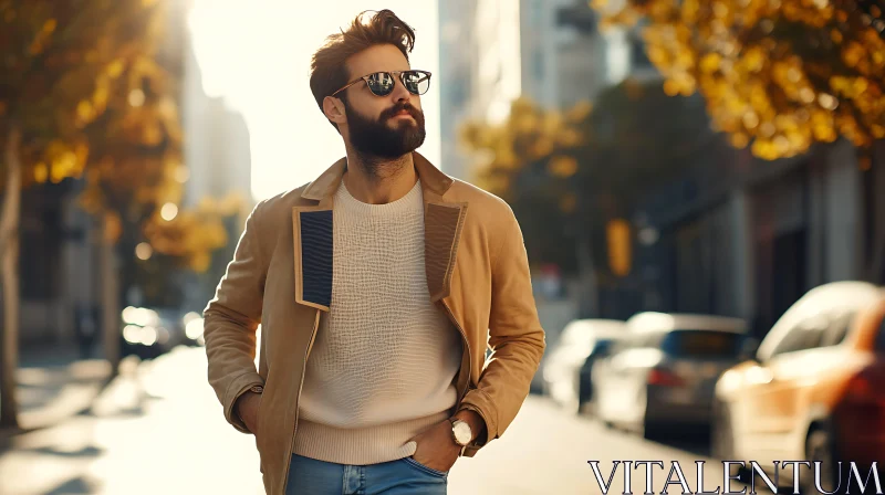 Fashionable Man Walking in Autumn Sunlight AI Image