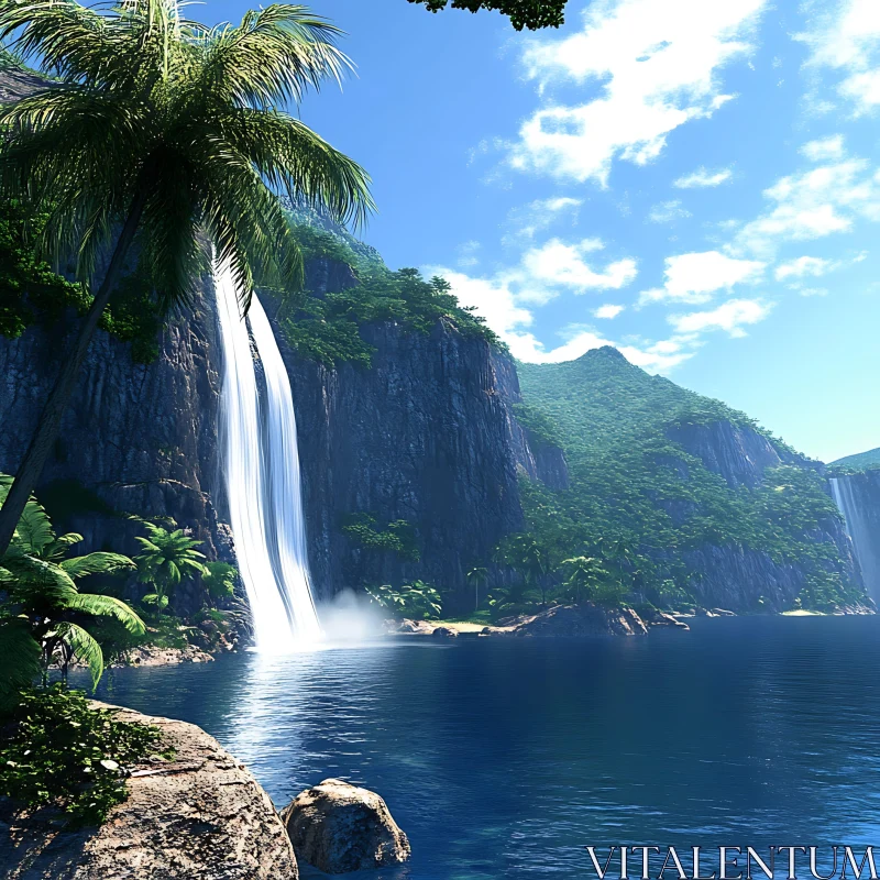 Tropical Oasis with Waterfall and Majestic Mountains AI Image