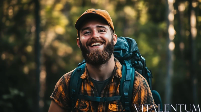 Smiling Backpacker amidst Forest Trees AI Image