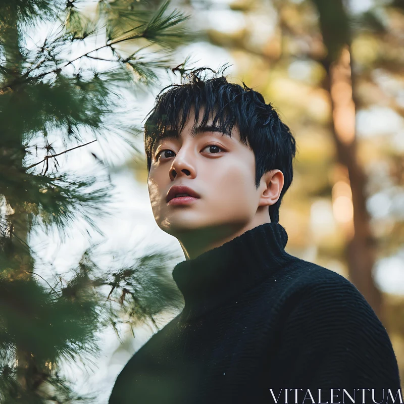 Young Man in Serene Pine Forest Setting AI Image