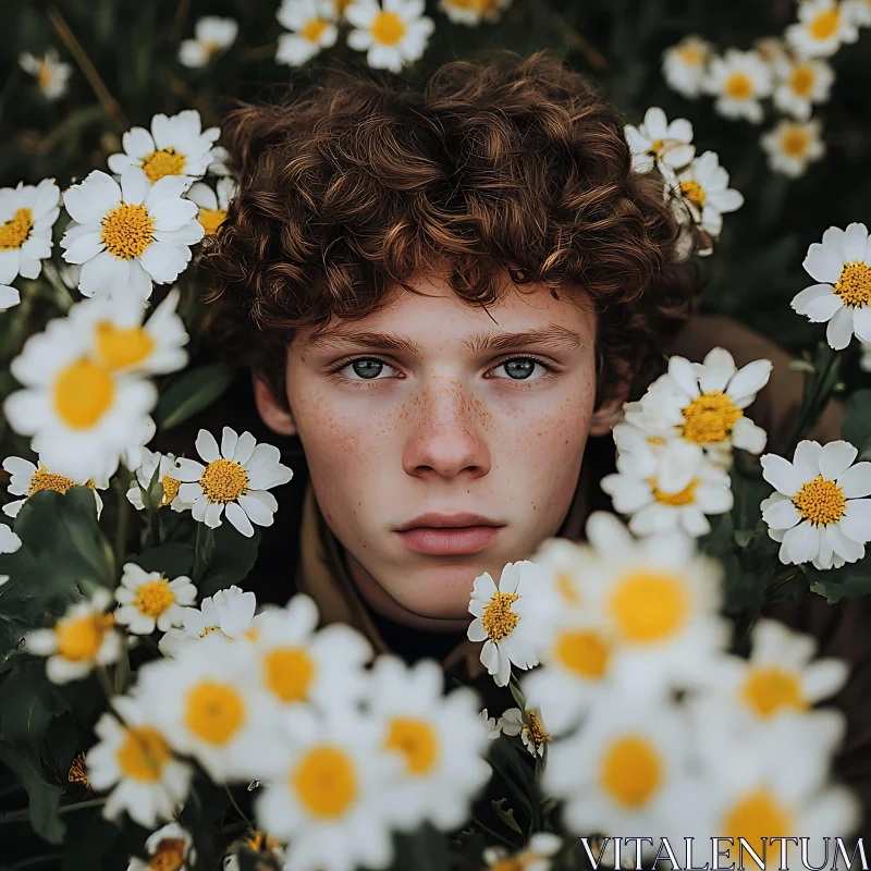 Calm Youth in a Sea of White Daisies AI Image