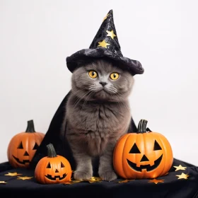 Halloween Cat with Pumpkins