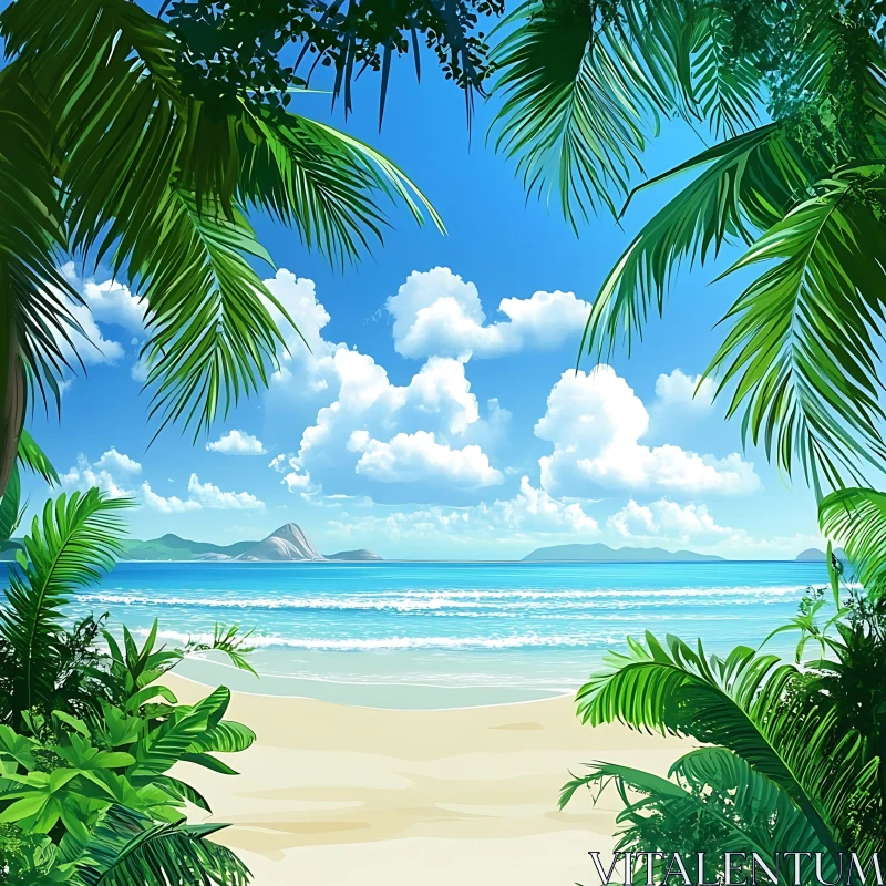 Serene Island Beach with Turquoise Ocean and Lush Palms AI Image