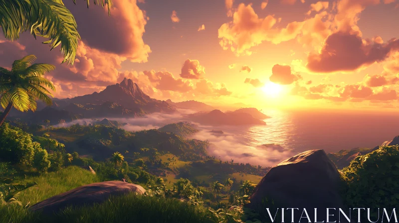 Golden Sunset Over Lush Mountains and Sea AI Image