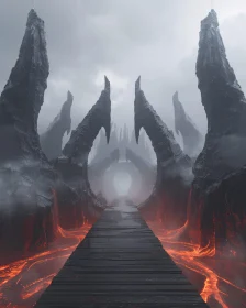 Surreal Lava-Filled Path and Rocky Arches