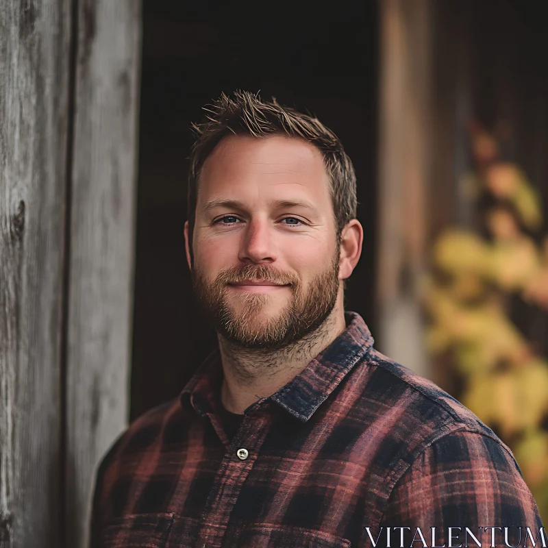 Rustic Portrait of a Smiling Man in Plaid Shirt AI Image