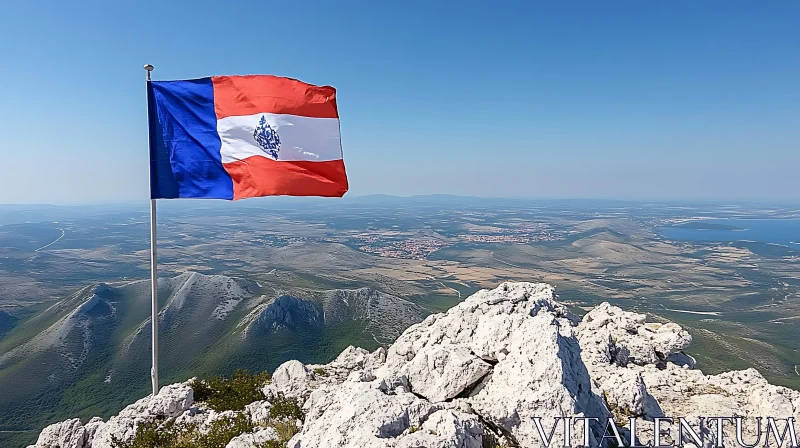 Scenic Mountain Peak with Flag and Stunning Views AI Image