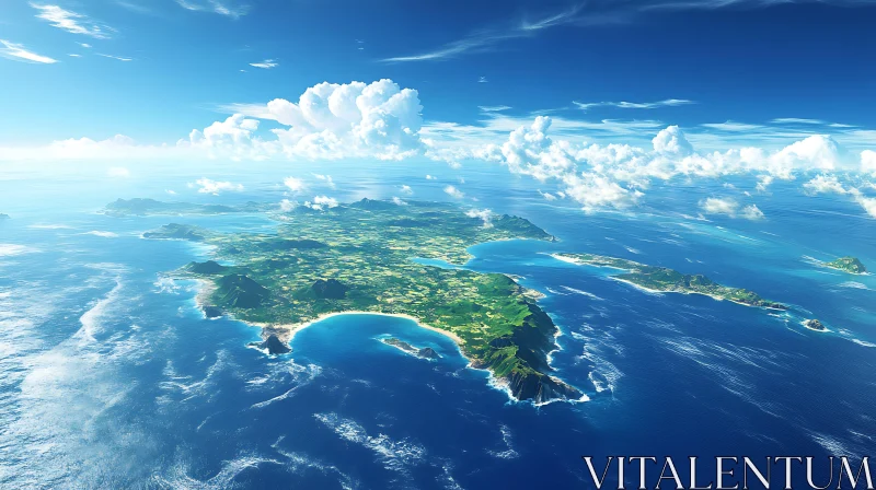 Island Aerial Landscape with Blue Ocean and Clouds AI Image