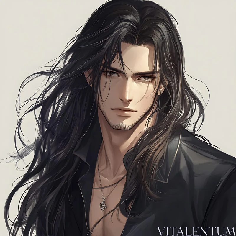 Anime Male Character with Long Dark Hair AI Image