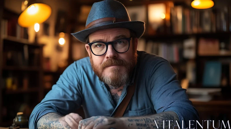 Man with Tattoos and Glasses in a Warmly Lit Room AI Image