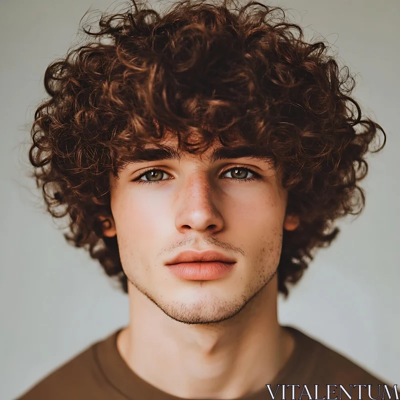 Young Man with Curly Hair and Calm Expression AI Image