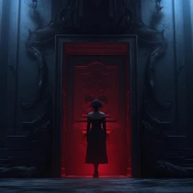 Silhouette at the Gothic Red Doorway