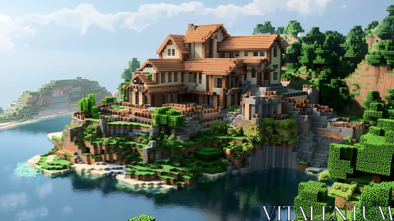 Pixelated Minecraft House on a Cliff AI Image