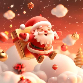 Santa Claus Soaring with Gifts and Christmas Decorations