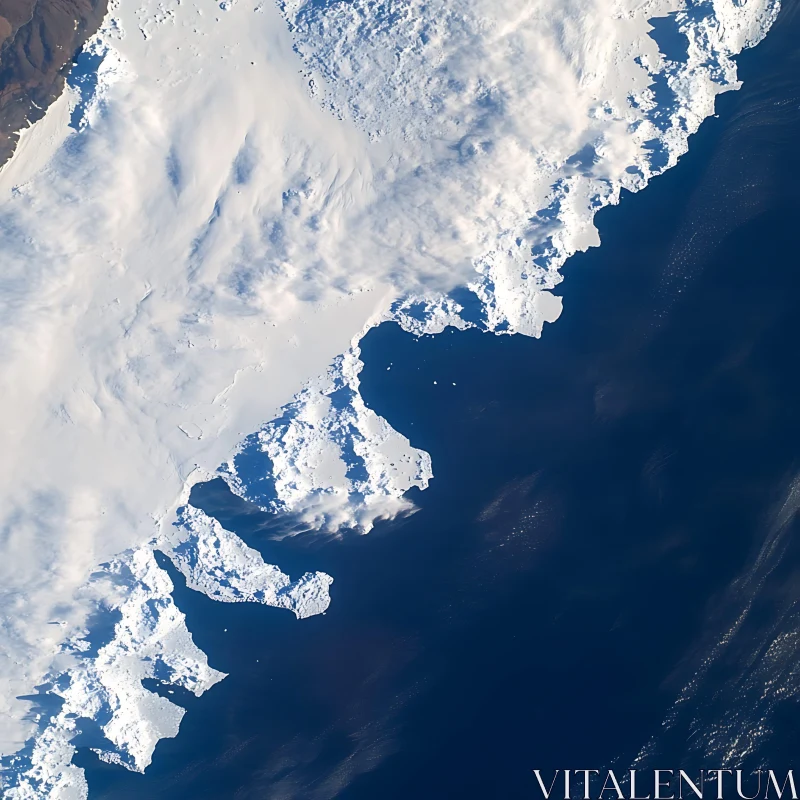 Bird's Eye View of Frozen Coastline with Snow and Ice Patterns AI Image