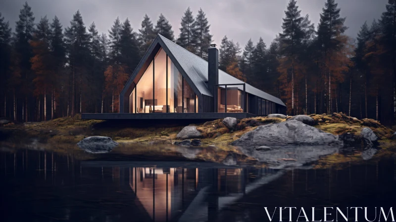 AI ART Contemporary Forest Cabin by a Lake