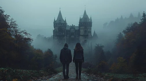 Foggy Forest Castle Path with Figures