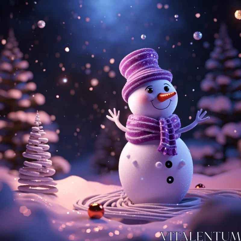 AI ART Festive Snowman with Purple Scarf