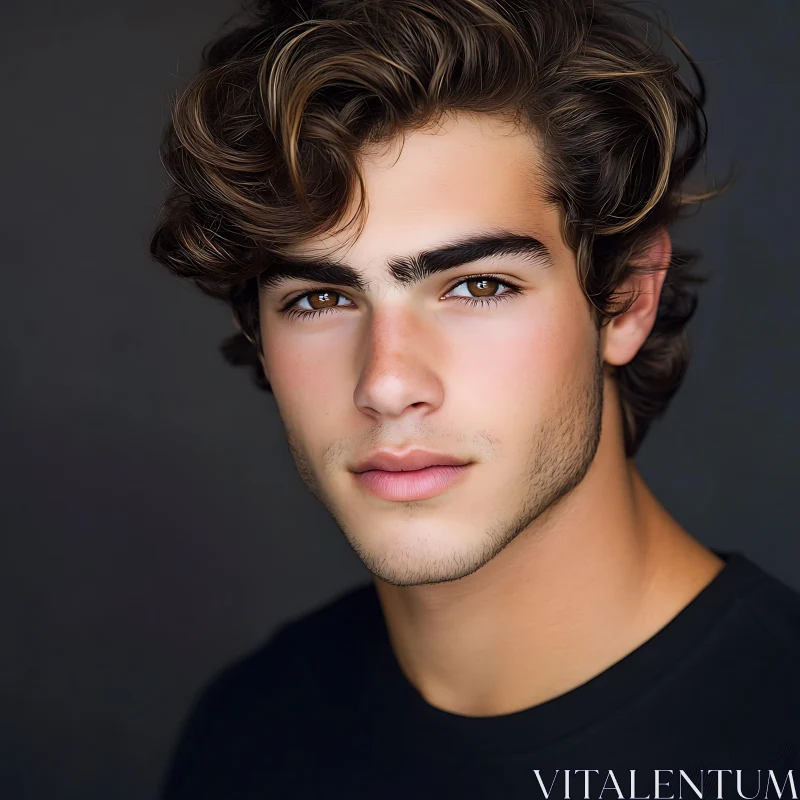 Young Man with Expressive Eyes and Curly Hair AI Image