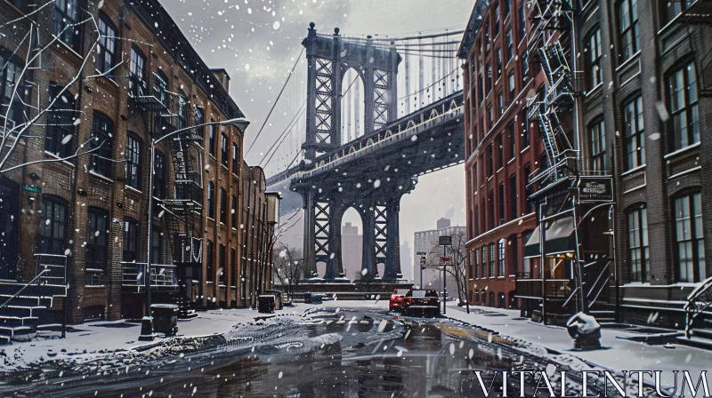 AI ART Snowy Cityscape with Iconic Bridge