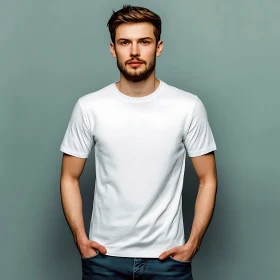 Relaxed Man in Simple White T-Shirt and Blue Jeans