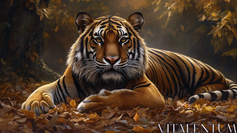 Regal Tiger Amongst Autumn Leaves AI Image