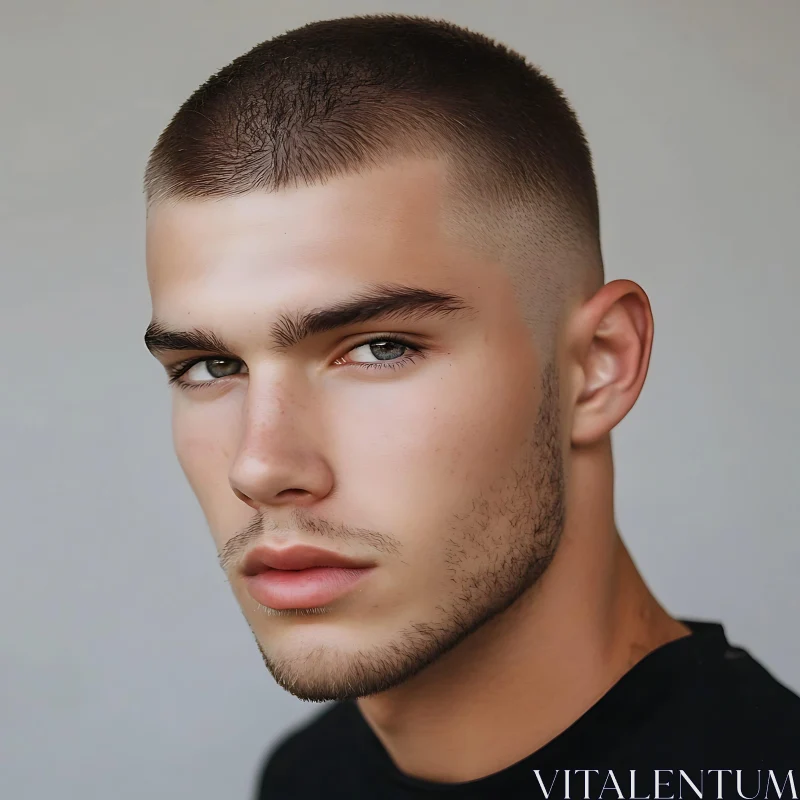 Young Man with Short Hair and Serious Expression AI Image